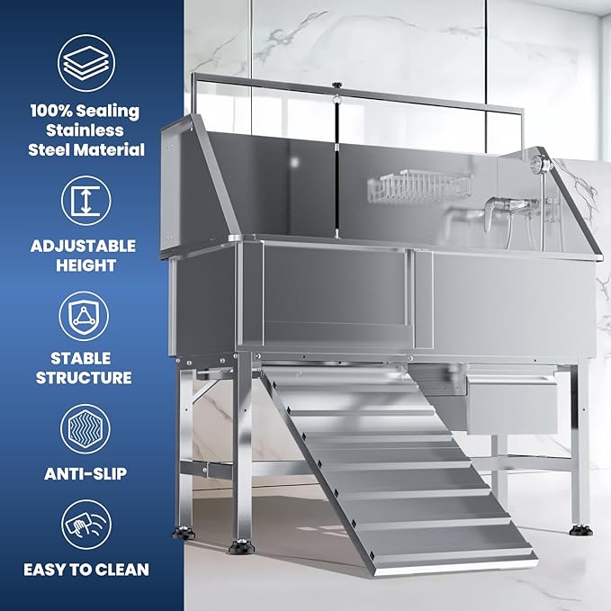 46" Dog Washing Station, Professional Stainless Steel Dog Bathtub for Large, Medium & Small Pet. Height Adjustable Grooming Tub W/Drawer, Ramp, Floor Grate & Fauct(Left Ramp)