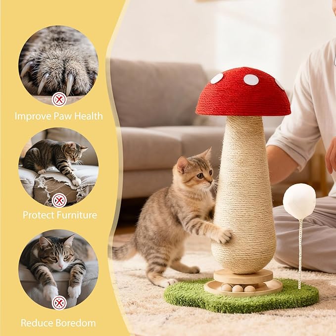 Cat Scratching Tower - Indoor Scratcher for Adult Felines, Playful Kitty Tree with Catnip Ball Track and Spring Fur Ball, Sturdy Sisal Scratching Post Toy 25.2'' - Red Mushroom