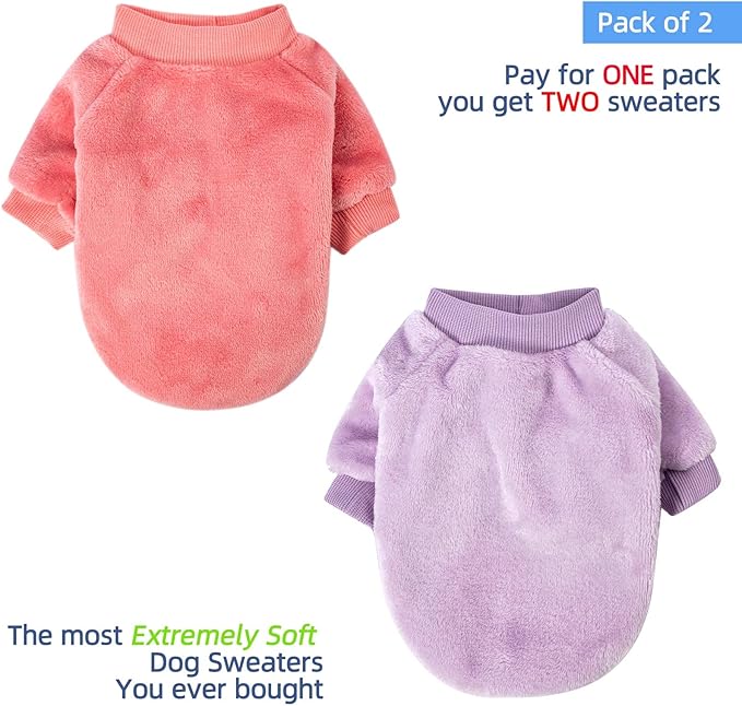 FabriCastle Dog Sweaters, 2-Pack Dog Clothes XXS XS for Small Dogs Girl & Cats, Ultra Soft and Warm Pet Coats, Winter Pet Jacket, Doggy Apparel Costumes, Puppy Outfits (Pink,Light Purple, XX-Small)