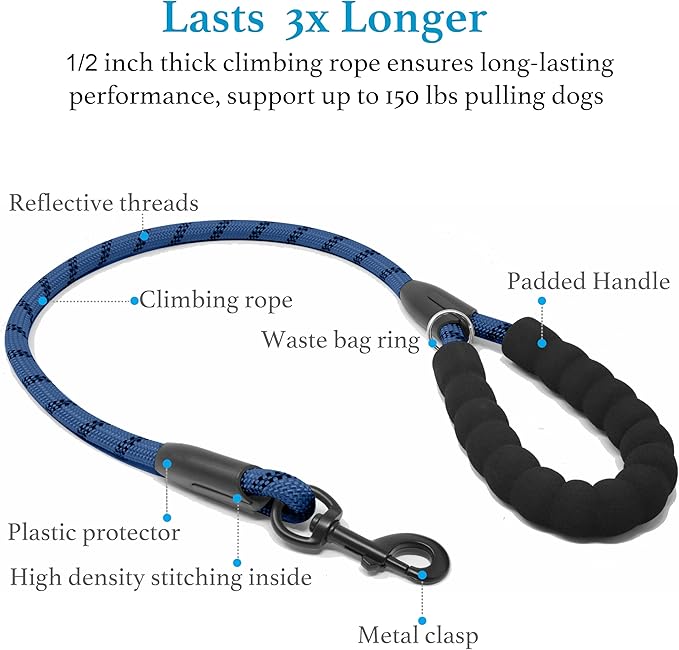 iYoShop Dual Dog Leash - 360° Swivel, No Tangle Walking Leash with Shock Absorbing Bungee for Two Dogs (Large, 25-150 lbs, True Navy)