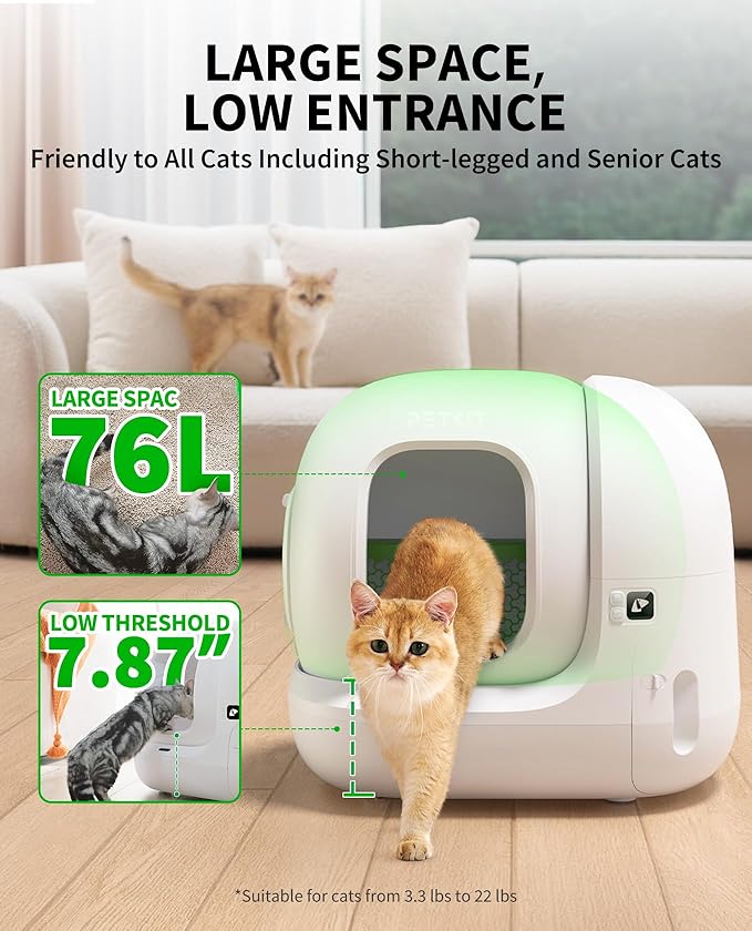 PETKIT 2025 Upgraded Automatic Cat Litter Box 2-Way Odor Remover & 20 Trash Bags,App Control Smart Robot with Anti-Scratch Inner Mat, Self-Cleaning Cat Litter Box True Integration & Structure Safety
