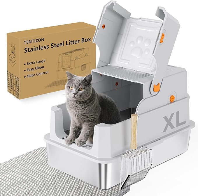 TENTIZON Stainless Steel Cat Litter Box with Lid, XL Large Covered Kitty Litterbox with Flip Top, High Side, Litter Mat, Scoop for Big Cats, Kitten, Multi-Cats Home, No Smell, No Mess, Easy Clean