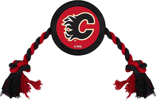 NHL Calgary Flames Puck Toy for Dogs & Cats. Play Hockey with Your Pet with This Licensed Dog Tough Toy Reward!