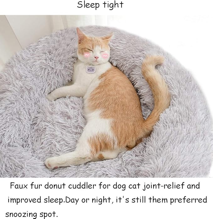 BODISEINT Faux Fur Dog Bed, Shag Round Anti-Anxiety Pet Calming Doughnut Cuddler for Medium Large Puppy Dog Cat Kennel Cushion - Self Warming (28'' D x 8" H, Light Grey)