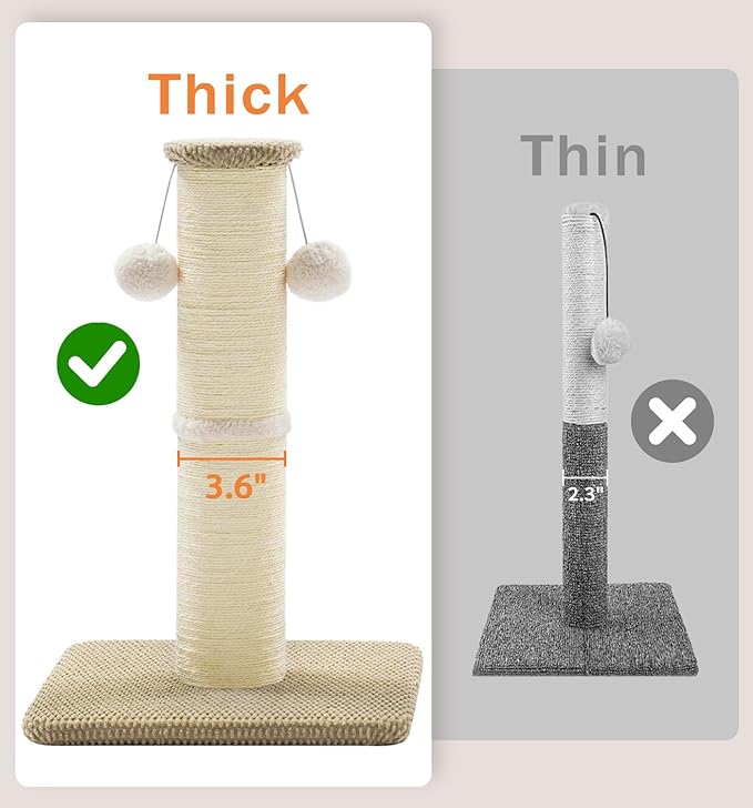 Made4Pets Tall Cat Scratching Post, 23.6" Natural Sisal Cat Scratcher with Hanging Balls, Heavy Duty and Thicker Scratching Post for Indoor Cats Adults, Sturdy Base Cat Scratch Post, Beige