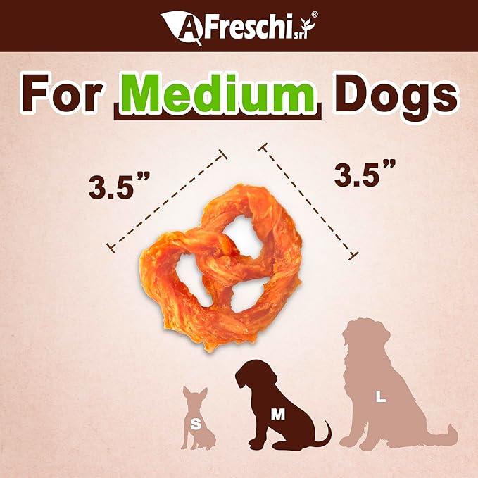 AFreschi Turkey Tendons for Dogs, USA-Sourced, Healthy Dog Treats, Rawhide-Free Puppy Chews, Long Lasting, All Natural, Hypoallergenic Dog Treats for Medium Breeds, 3 Count Pack Pretze (M)