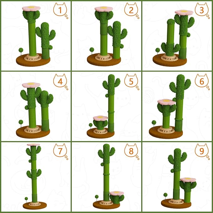2025 New DIY 9+ Installation Styles Cactus Cat Scratching Post with Self-Grooming Brush and Ball Toy | Modular Sisal Cat Scratching Post for Indoor Cats and Kittens, Customizable Cat Furniture