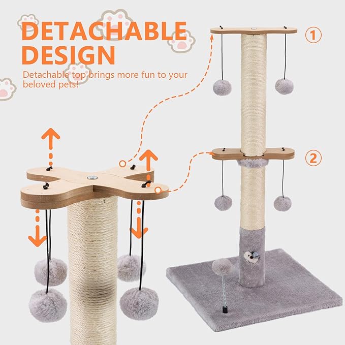 PAWSFANS Cat Scratching Post for Indoor Cats and Kittens,30inches Tall Sisal Scratch Posts with Four Hanging Ball Toys and Reinforce The Stable Base Gray