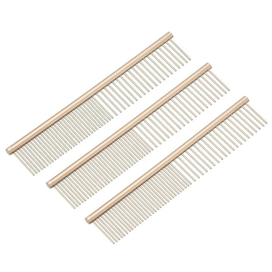 Dog Cat Comb, Pet Combs Stainless Steel Teeth with Rounded Ends for Knots Mats Loose Hair Removal, 6.5IN (Gold Coated, 3 Pack), Grooming Tool Intended for Long Curly Hair Pet