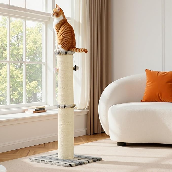 Joydeco Cat Scratching Post 34 Inches Heavy Duty and Thick Scratching Post Sisal Rope with Hanging Ball and Mice for Indoor Cats(Grey)