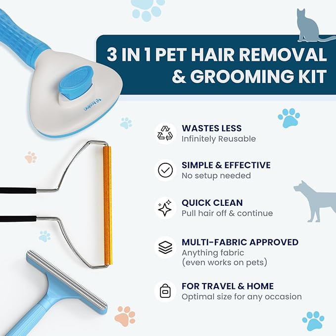Analan 3-in-1 Pet Hair Remover & Grooming Set for Dogs & Cats – Self-Cleaning Brush for Shedding, Cat Brush, Metal Fur Remover for Couch Carpet & Car, and Rubber Tool for Clothes & Bedding