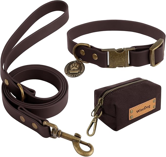 Wisedog Dog Collar and Leash Set, Waterproof Adjustable Puppy Collars with Cute Tag 4FT Dog Leash with Poop Bag for Small Medium Large Dogs (S, Brown)