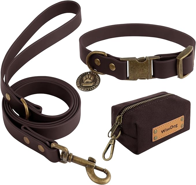 Wisedog Dog Collar and Leash Set, Waterproof Adjustable Puppy Collars with Cute Tag 4FT Dog Leash with Poop Bag for Small Medium Large Dogs (XS, Brown)