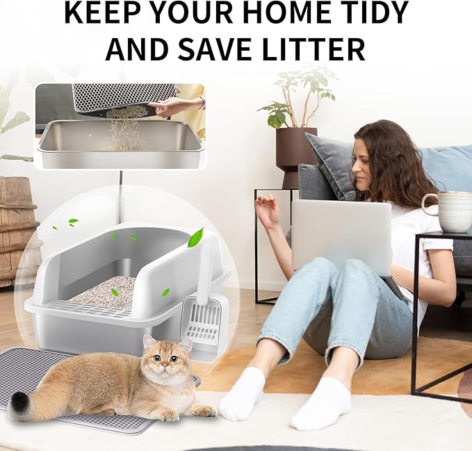 Prodigen Extra Large Stainless Steel Cat Litter Box with Lid High Wall Sides Enclosure, Non-Sticky, Anti-Leakage, Easy Cleaning，with Cat Mat & Metal Scoop, 24" L x 16" W x 12" H, 2 Pack