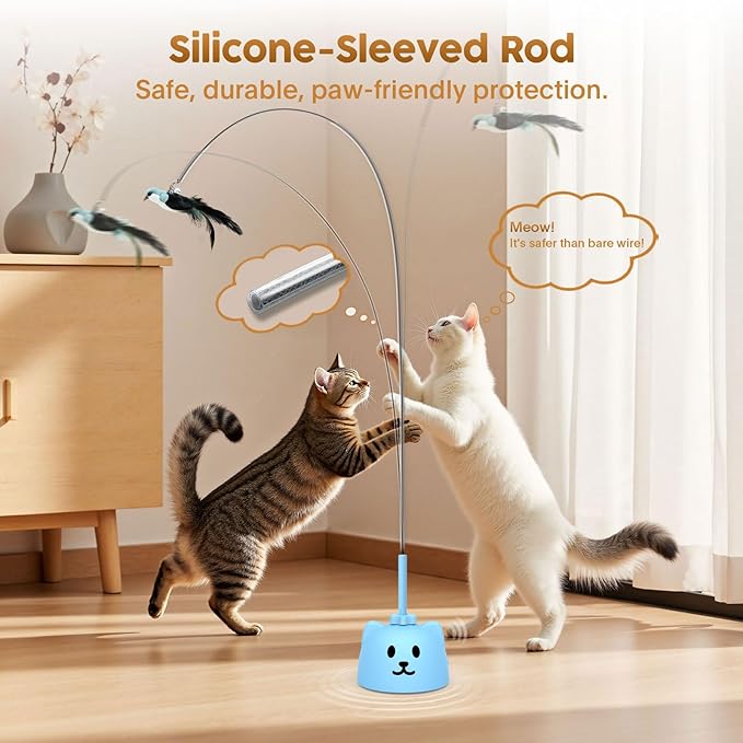 Interactive Cat Toys for Indoor Cats: Upgraded 360° Automatic Spin Flying Bird Feather Wand with Silicone Protected Rod Safe Play, Strong 8cm Suction Cup, USB-Rechargeable for Bored Kittens and Adult