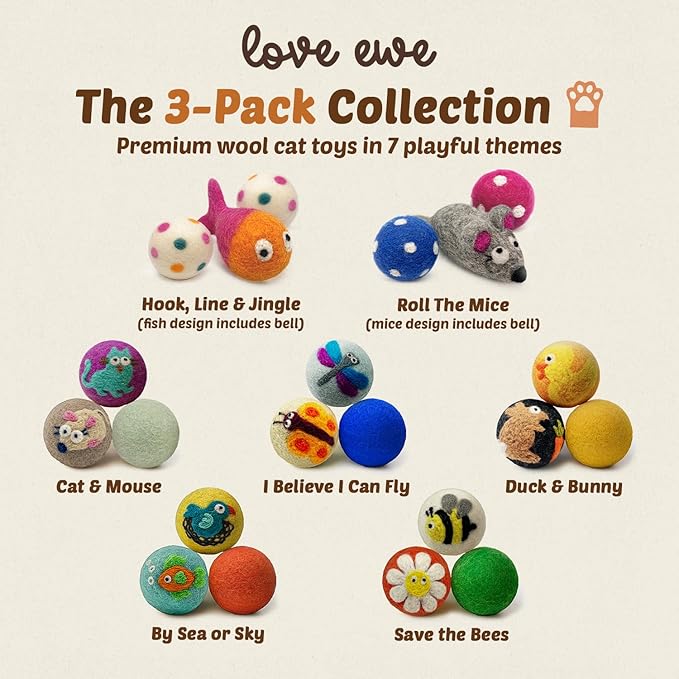 Hustle & Blush Love Ewe Felted Cat Toys 3 Pack - 5 Inch Mouse & 2 Inch Ball Hand Made Cute & Fun Design Kitten Wool Felt Balls for Indoor Play & Exercise - 100% New Zealand Handmade - Holiday Pet