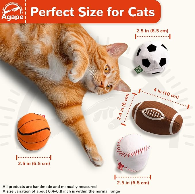 Agape 100% Catnip & Silvervine Filled Cat Toys, Interactive Chew & Kicker Balls for Indoor Cats, Enrichment and Teeth Cleaning Fun for Bored Cats and Kittens, 4 Pack Natural Crinkle Cat Toy with Sound