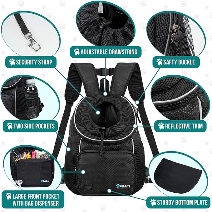 PetAmi Adjustable Dog & Cat Chest Carrier Backpack, Ventilated for Hiking, Camping & Travel, Max 10 lbs, Black
