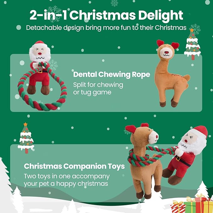 UNISE Christmas Dog Toys, Plush Squeaky Dog Toys for Large, Medium, Small Breeds with Detachable Rope to Keep Them Busy & Reduce Boredom