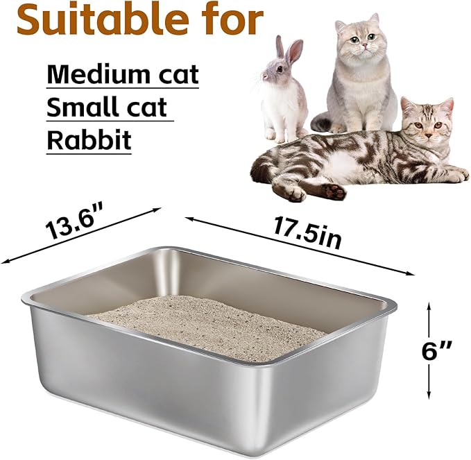 Stainless Steel Litter Box -6in High Side,Metal Litter Box for Cat/Kitty/Rabbits 17" L x 13.8" W x 6" H，Stainless Steel Cat LitterBox-Metal PanToilet,No Smell, Non Stick, Easy Clean