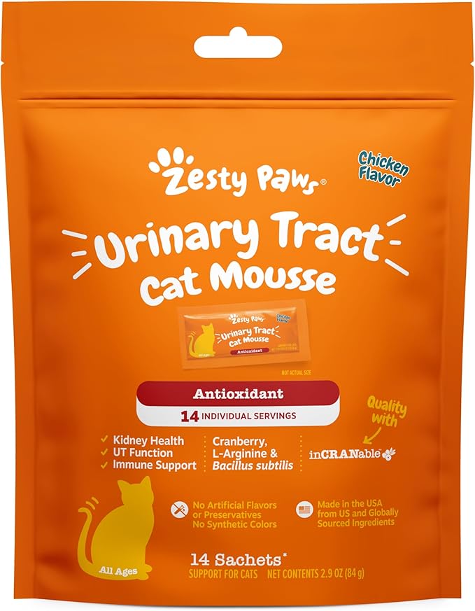 Zesty Paws Urinary Tract Cat Mousse - Kidney Support for Cats with Cranberry & D-Mannose - Healthy Cat Treats - Supports Bladder, Urinary Tract, Immune System & Gut Health - 14 Count