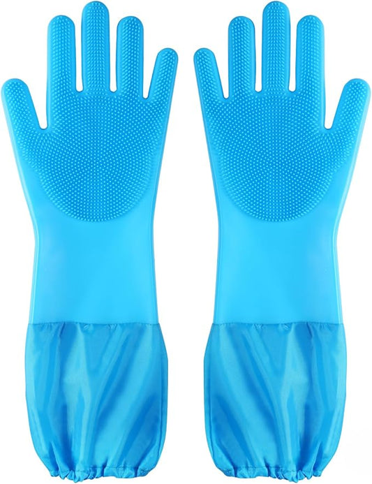 Dog Washing Gloves | Pet Grooming Gloves | Extra Long Arms (17.3") for Cats & Dogs | Massage & Hair Removal Pet Glove(Blue)