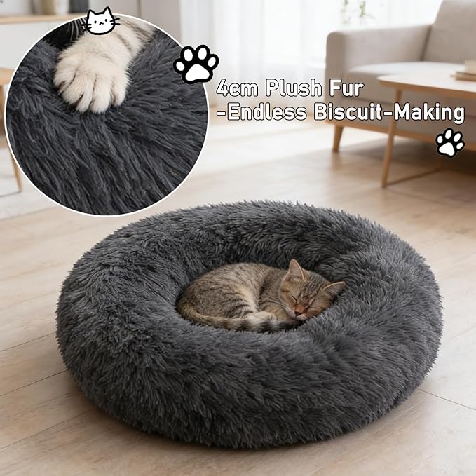Calming Donut Dog Bed Medium Size Dog - Washable Removable Cover Non-Slip Bottom, Round Pet Bed Cat Bed Warming Fluffy Plush Faux Fur Anti-Anxiety, Fits up to 45 lbs (Dark Grey, 30")