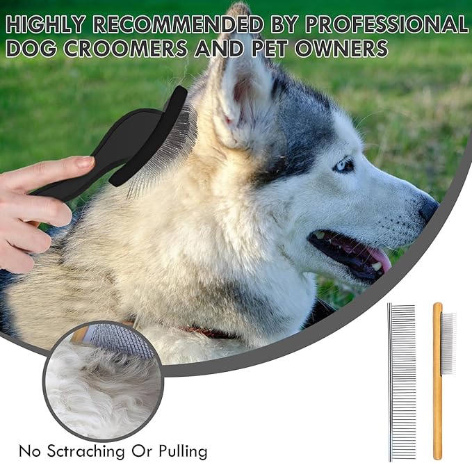 Large Dog Slicker Brush for Shedding & Curly Coat, Long Hair Dogs & Cats, Doodles, Poodles & Goldendoodles, Long Pin Grooming Brush with Wooden Handle, 3 Pcs Comb Set for Mats Tangles. Black