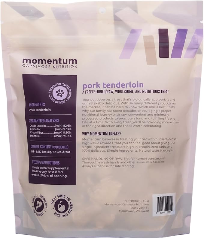 Momentum Carnivore Nutrition Freeze-Dried Pork Tenderloin Dog Treats & Cat Treats – Single-Ingredient, High-Protein, Grain-Free, Lean & Naturally Tender – Made in USA – 3.5 oz Bag