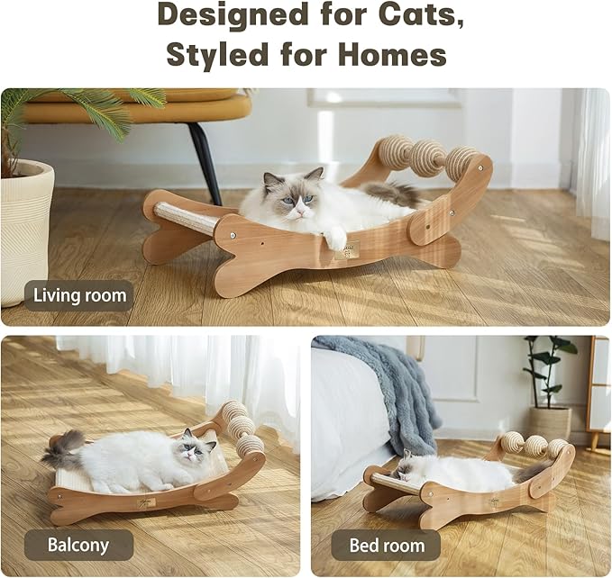 Cat Scratcher with Sisal Ball, Durable Cat Beds with Hammock for Indoor Cats, 3 in 1 Modern Cat Scratch Pad Lounger & Sleep & Scratch, Furniture Protector, Sisal Mat & 3 Play Balls