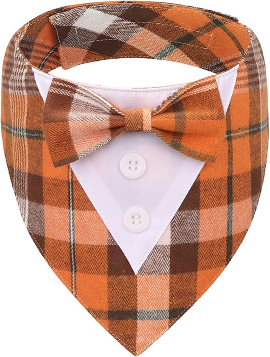 ADOGGYGO Fall Dog Tuxedo Bandana, Orange Plaid Pet Tux Collar with Bowtie, Adjustable Halloween Thanksgiving Formal Costume for Large and Extra Large Dogs Pets (XL)