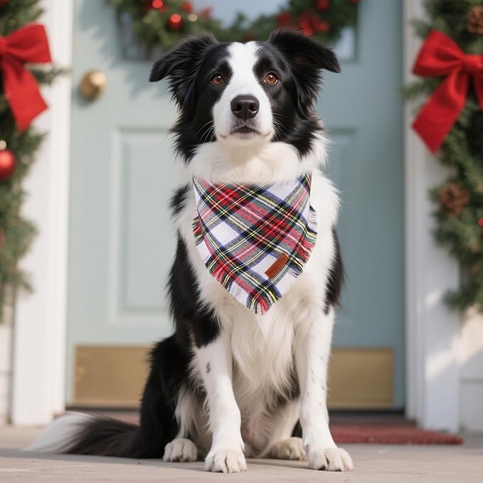 PTDECOR Christmas Dog Bandanas with Tassels Edges, Stylish Red White Plaid Scarf Bib, Premium Cotton Fabric, Reversible Triangle Xmas Bandanas for Medium Large Dogs Pets (Large)