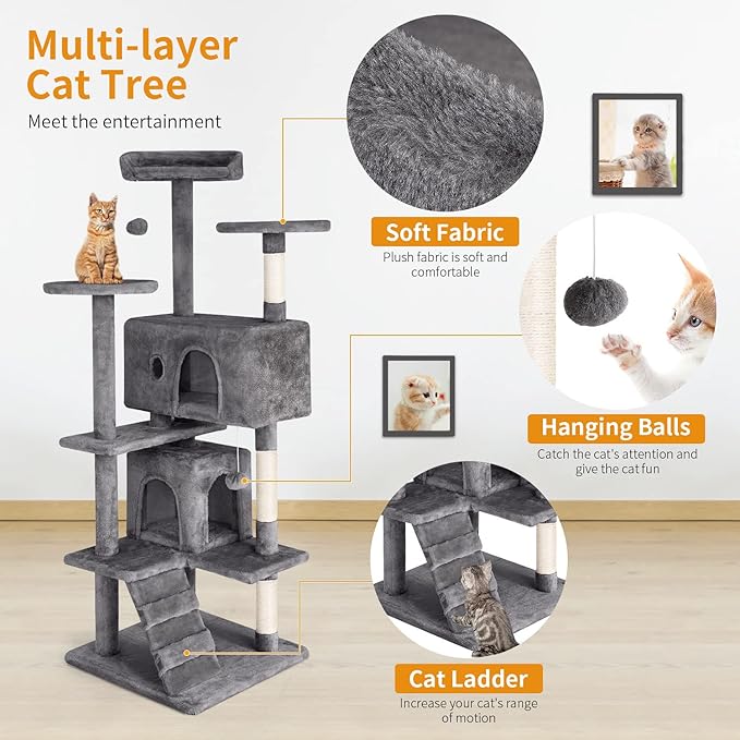 PayLessHere Cat Tree 54in Cat Tower with Cat Scratching Post,Multi-Level Cat Condo Stand House Furniture Kitty Activity Center with Furry Ball Toys Cat Tree for Indoor Cats, Light Gray