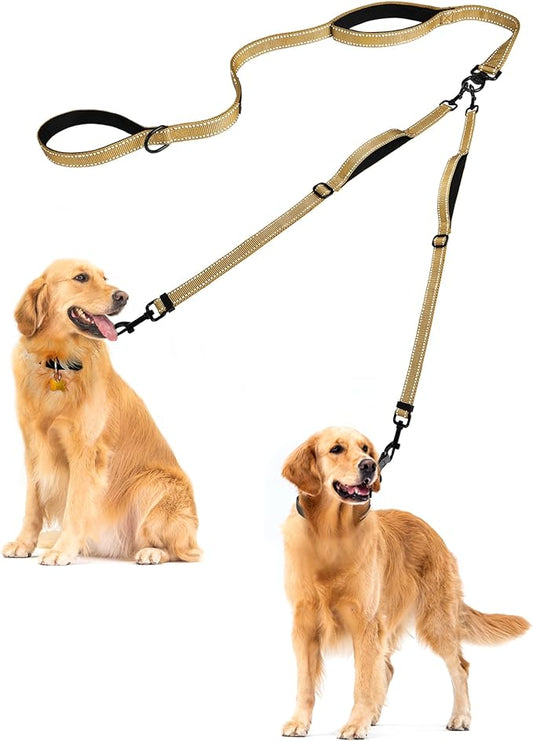 PetBonus Double Dog Leash, No Tangle Dual Leash, Reflective Walking Training Lead, 4 Comfortable Padded Handles for 2 Dogs with Collapsible Bowl and Waste Bags (Light Khaki, Large)