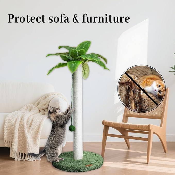 Meowoou Cat Scratching Post 33 Inch Tall Cat Scratcher for Indoor Cats Adults,Palm Tree Sisal Rope Kitten Scratch Tower with Interactive Hanging Ball White