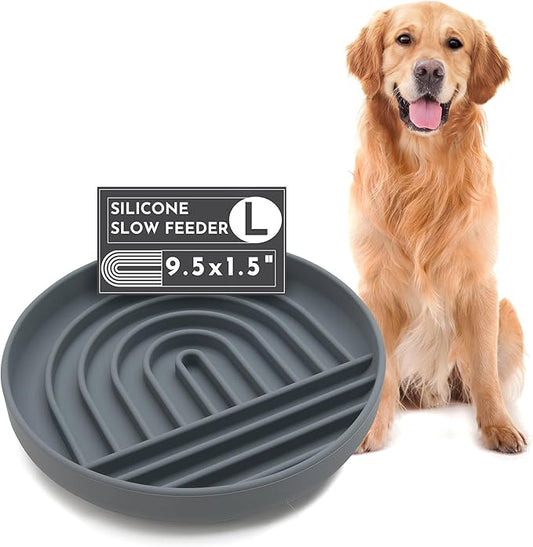 Should We Go? Slow Feeder for Dogs & Puppies, The Slowdown Bowl Silicone Slow Eating, Modern Lick Mat Design, Reduces Gulping, Fits 2.5 Cups 9.5” Across x 1.5” Tall, Mealtime Challenge, Large-Charcoal