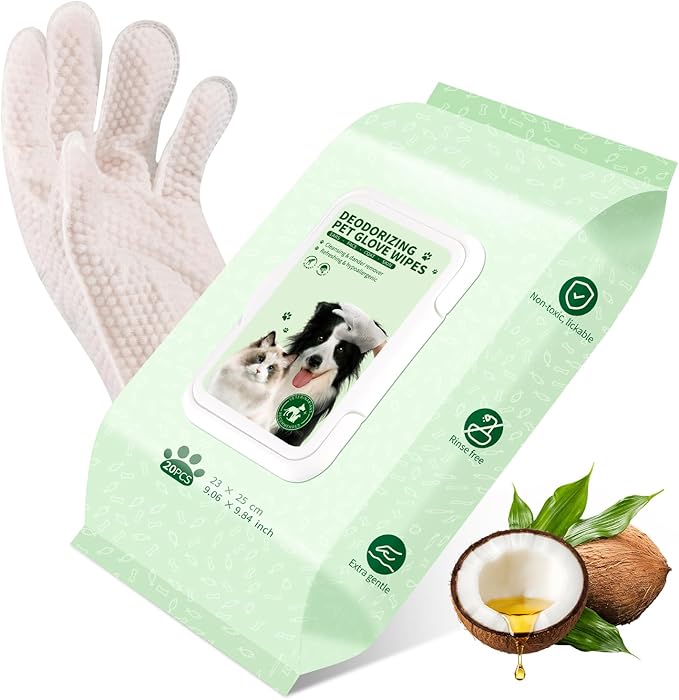 Pet Grooming Glove Wipes for Dogs & Cats, Hypoallergenic Deodorizing Cleansing Wipes with Coconut Oil & Botanical Extracts, 90 g Extra-Thick Gentle Wipes for Daily & Outdoor Care (20 Pcs)