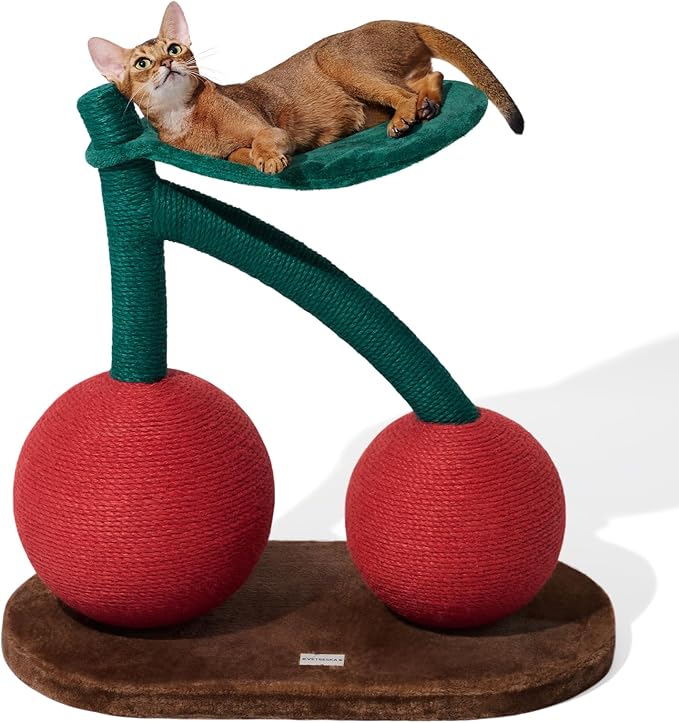 VETRESKA Cat Scratching Post, Large Cherry Cat Scratcher with Hammock, Tall Cat Scratch Interactive Toy with Natural Jute Rope for Indoor Cats, Kittens