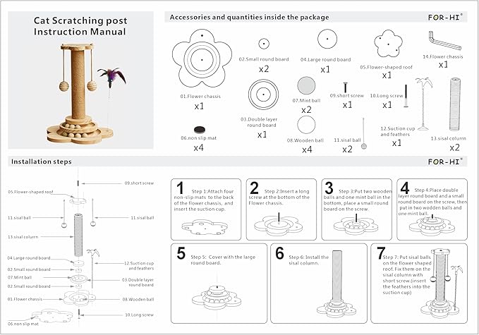 Cat Scratching Post, 4 in 1 Wooden Cat Scratcher Toy, 18.11" Tall Scratch Post with 2 Level Cat Track Balls, Interactive Feather Toy and 2 Sisal Hanging Balls for Indoor Kittens, Adult Cats