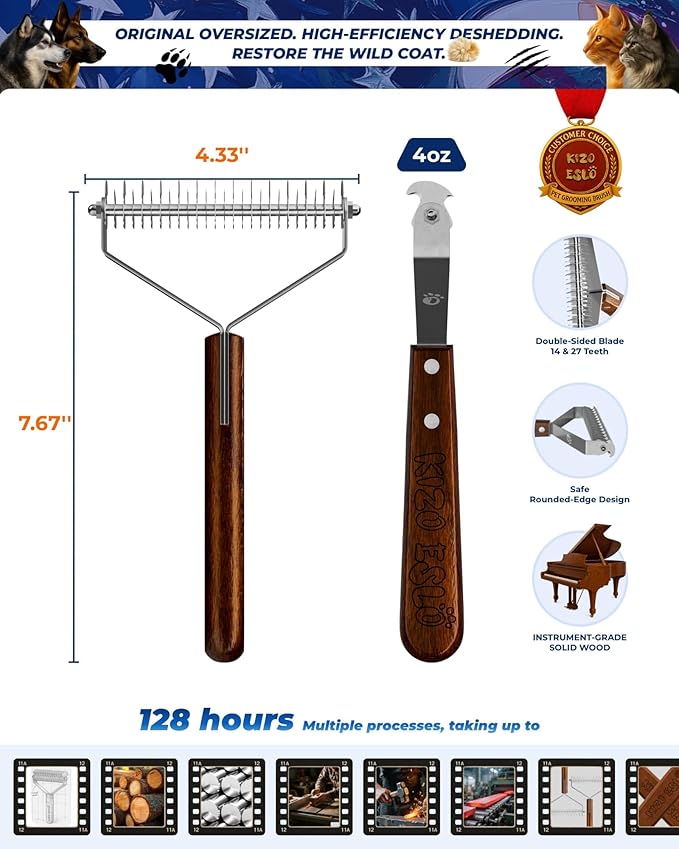 Extra Large 2-Sided Undercoat Rake for Dogs & Cats, Dog Brush for Shedding Remove Mats, Dematting Comb, Safe&Gentle Grooming Brush for German Shepherds Medium to Long-Haired Pets,Premium Wooden Handle