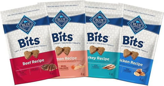 Blue Buffalo Bits Soft Dog Treats for Training, Made with Natural Ingredients & Enhanced with DHA, Beef, Salmon, Turkey, & Chicken 4-oz Variety Pack, 4 ct