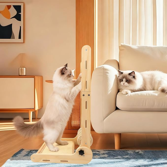 L Shaped Cat Scratching Post, 23.2" Tall Sisal & Wooden Base Cat Scratcher Board for Indoor Cats, Sturdy Vertical Cats Scratching Pad Protects Furniture