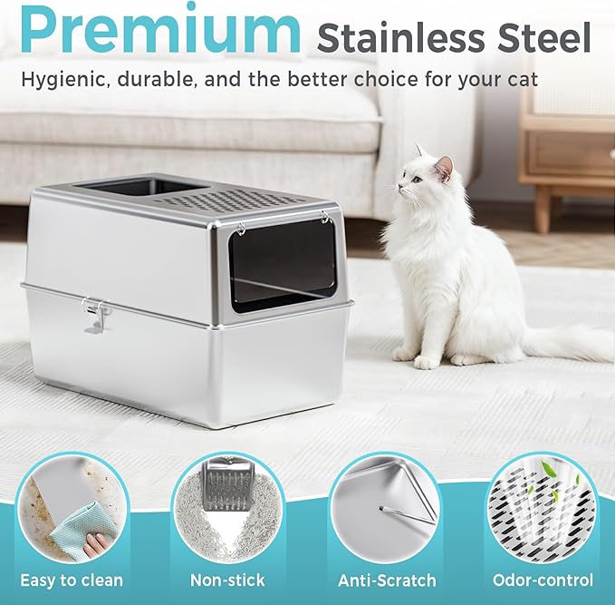 Extra Large Enclosed Stainless Steel Litter Box with Lid, 23.6"x17.7"x15.7" High Sided Metal Cat Litter Box for Indoor Cats, Covered Dog Proof Kitty Litter Pan, Odor Free, Non Sticky, XL