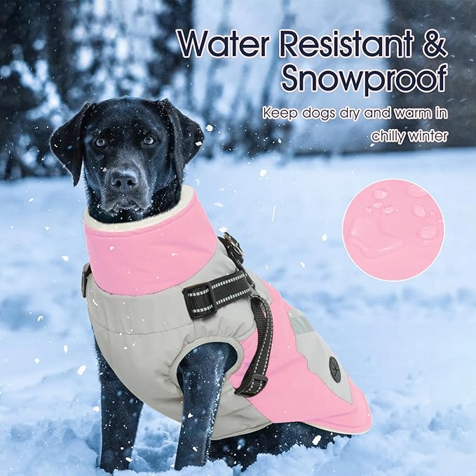 IECOii Large Dog Coat with Harness Built in - Pink, Large - Waterproof Windproof Dog Winter Coat, Fleece Lined Zip Snow Jacket for Dogs Thermal Outdoor Snowsuit Cold Weather Jackets Bulldog