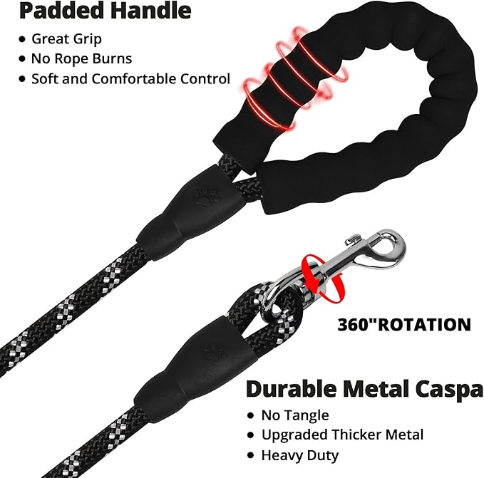 Long Dog Leash 15 FT: Heavy Duty Rope Leashes for Dogs Training with Swivel Lockable Hook Reflective Threads Bungee and Padded Handle - Dog Lead for Large Small Medium Dogs Outside Walking Hiking