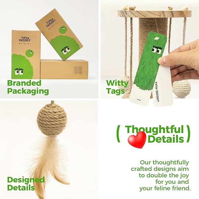 TINYBEAST Wooden Cat Scratching Post, 4 in 1 Cat Scratcher Toy with Cat Ball Tracks, 25" Tall Sisal Scratch Post for Indoor Kittens Adult Cats, Interactive Feather Toy and 4 Sisal Hanging Balls