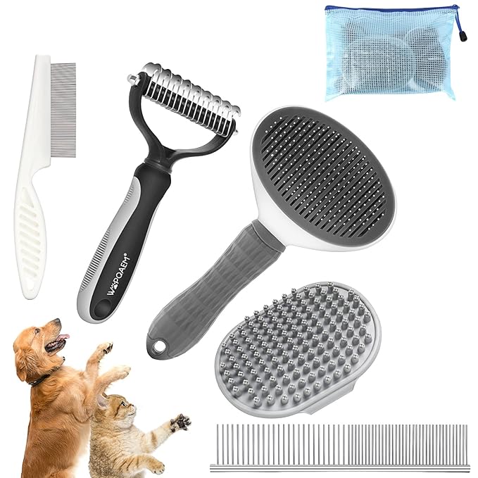 Dog Brush Grooming Kit 5 PCS - Self Cleaning Slicker Brush for Shedding Short Long Haired Dogs & Cats, Includes Pet Comb, Flea Comb, Bath Brush, Undercoat Rake - Complete Fur Care Set - Gray