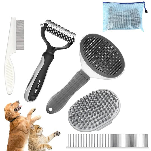 Dog Brush Grooming Kit 5 PCS - Self Cleaning Slicker Brush for Shedding Short Long Haired Dogs & Cats, Includes Pet Comb, Flea Comb, Bath Brush, Undercoat Rake - Complete Fur Care Set - Gray