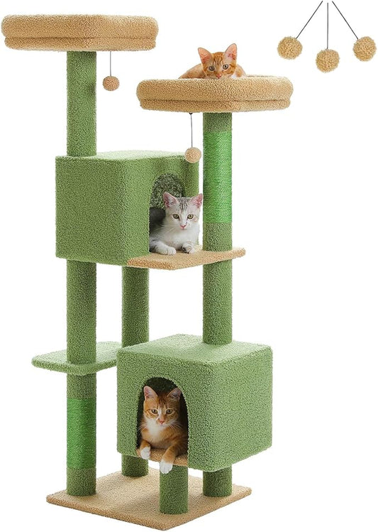 Cactus Cat Tree, 52.4" Cat Tower for Indoor Cats, Cute Cat Tree with 2 Padded Perches, 2 Condos & 2 Scratching Posts, Green