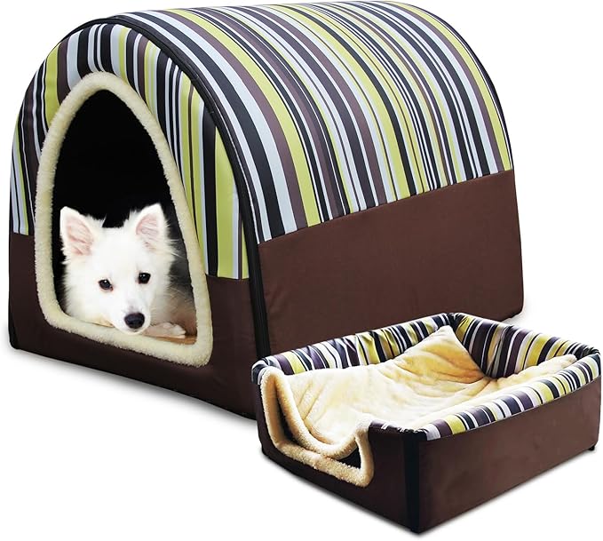Dog Bed or Cat Bed,2 Ways to Use,Indoor Pet House with Fluffy Mat,Removable and Washable Cover,Splash-Proof House and Non-Slip Bottom,for Medium Dogs and Cats(L Vertical Stripes)